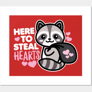 Here to Steal Hearts Funny Valentines Day Racoon Kawaii Posters and Art